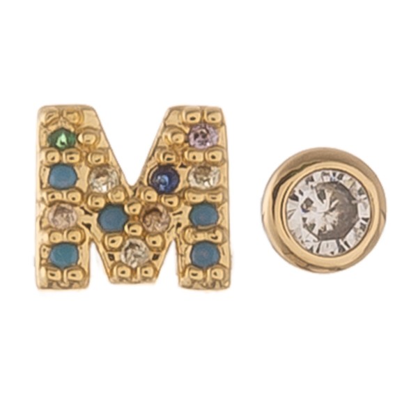 Dainty 16k Gold dip plated cubic zirconia initial M mix match stud earrings.

- Approximately 5mm 