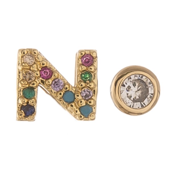 Dainty 16k Gold dip plated cubic zirconia initial N mix match stud earrings.

- Approximately 5mm 