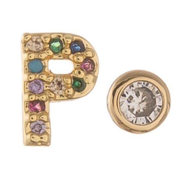 Dainty 16k Gold dip plated cubic zirconia initial P mix match stud earrings.

- Approximately 5mm 