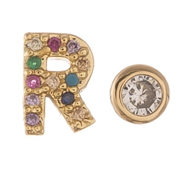 Dainty 16k Gold dip plated cubic zirconia initial R mix match stud earrings.

- Approximately 5mm 