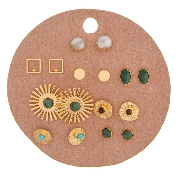 Wholesale eight pairs gold geometric boho stud earrings natural stone details cm