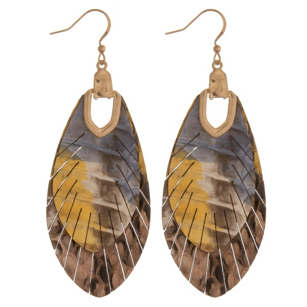 Wholesale metallic genuine leather animal print feather bohemian earrings