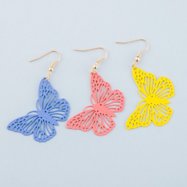 Coated cut out butterfly dangle earrings.

- Approximately 2.5" L