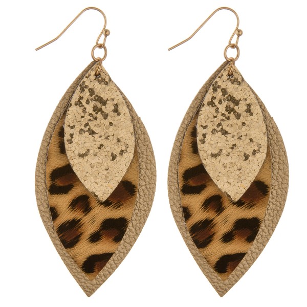 Glittery leopard print felt drop earrings.

- Approximately 3" in length