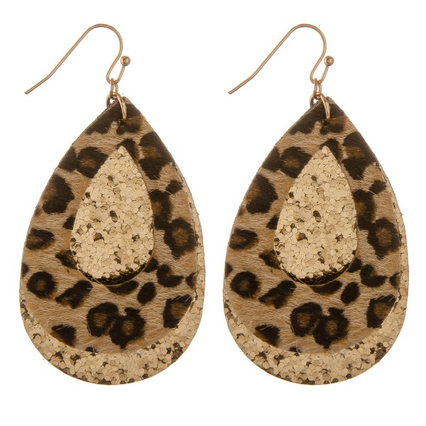 Glittery leopard print felt teardrop earrings.

- Approximately 2.5" in length