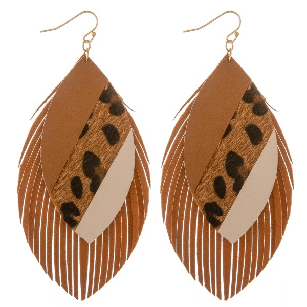 Faux leather leopard print color block fringe tassel statement earrings.

- Approximately 4" L
