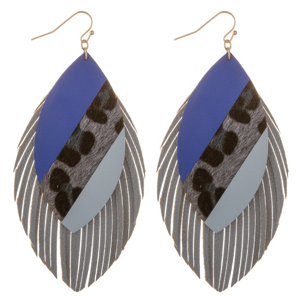Faux leather leopard print color block fringe tassel statement earrings.

- Approximately 4" L