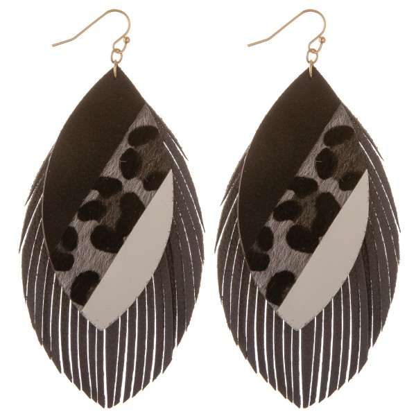 Faux leather leopard print color block fringe tassel statement earrings.

- Approximately 4" L