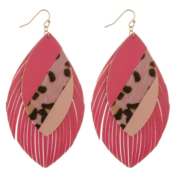 Faux leather leopard print color block fringe tassel statement earrings.

- Approximately 4" L