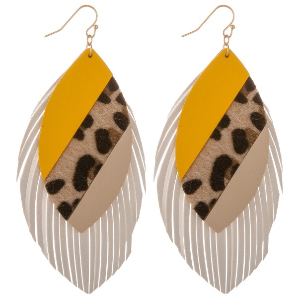 Faux leather leopard print color block fringe tassel statement earrings.

- Approximately 4" L