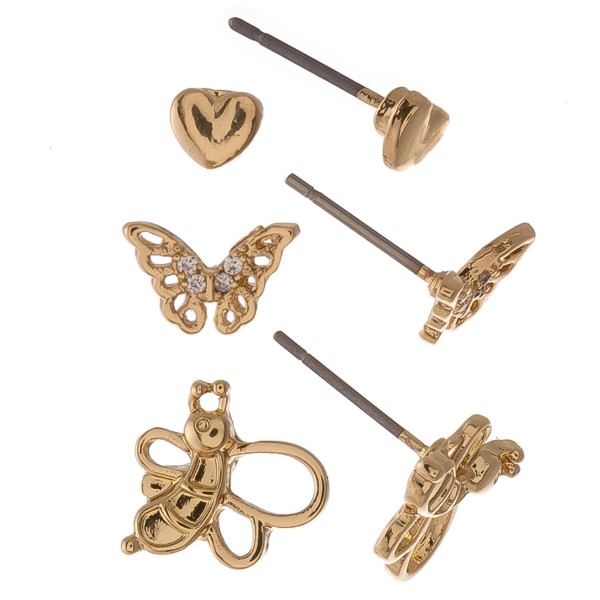 Dainty Gold Cubic Zirconia garden stud earring set.

- 3pairs/set
- Hearts, Butterflies & Bee's
- Approximately 6mm