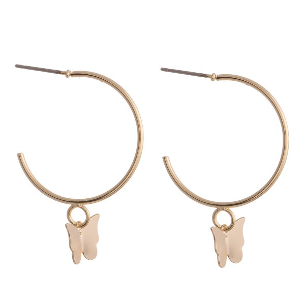 Butterfly dangle hoop earrings.

- Approximately 1.5" L
- 1" in hoop diameter