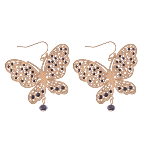Gold filigree butterfly drop earrings with beaded accents.

- Approximately 2" x 2"