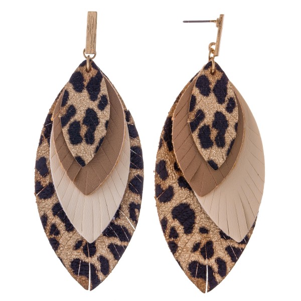 Three Tone Faux Leather Leopard Print Feather Layered Drop Earrings.

- Approximately 3.5" L