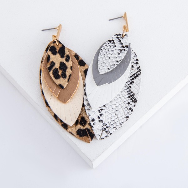 Three Tone Faux Leather Leopard Print Feather Layered Drop Earrings.

- Approximately 3.5" L
