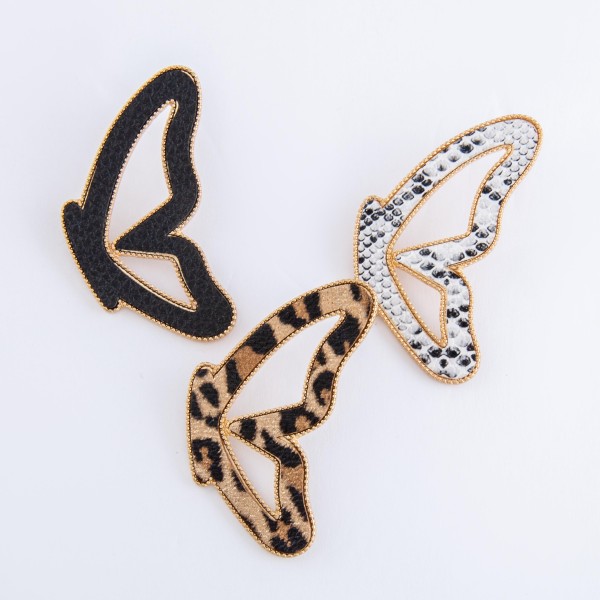 Leopard print faux leather encased butterfly match drop earrings.

- Stud post
- Approximately 2.75" L