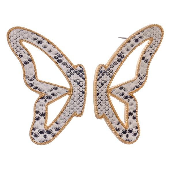 Snakeskin faux leather encased butterfly match drop earrings.

- Stud post
- Approximately 2.75" L