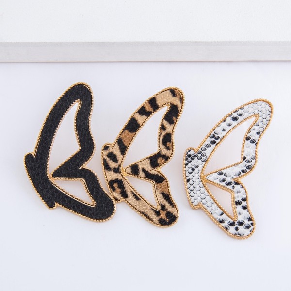 Snakeskin faux leather encased butterfly match drop earrings.

- Stud post
- Approximately 2.75" L