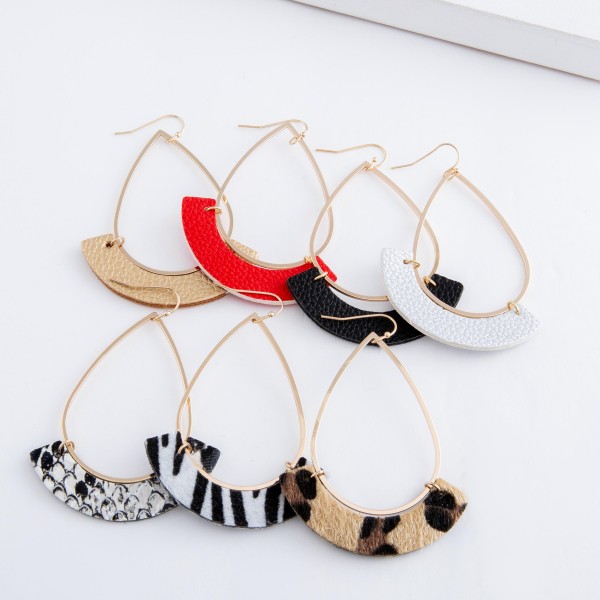 Gold Teardrop Earrings with Faux Leather Accent.

- Approximately 3" L