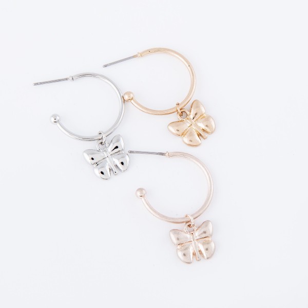 Small Hoop Earrings Featuring A Removable Butterfly Charm 
- Approximately .5" in diameter 