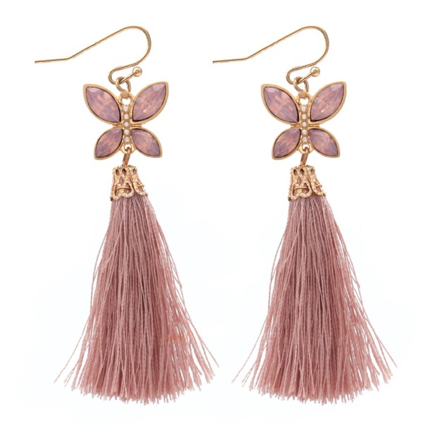 Tassel earrings featuring a jeweled butterfly accent. 
- Approximately 3" L 