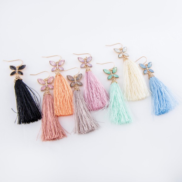 Tassel earrings featuring a jeweled butterfly accent. 
- Approximately 3" L 