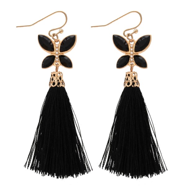 Tassel earrings featuring a jeweled butterfly accent. 
- Approximately 3" L 