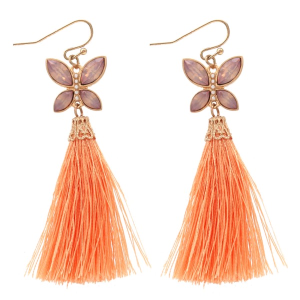 Tassel earrings featuring a jeweled butterfly accent. 
- Approximately 3" L 