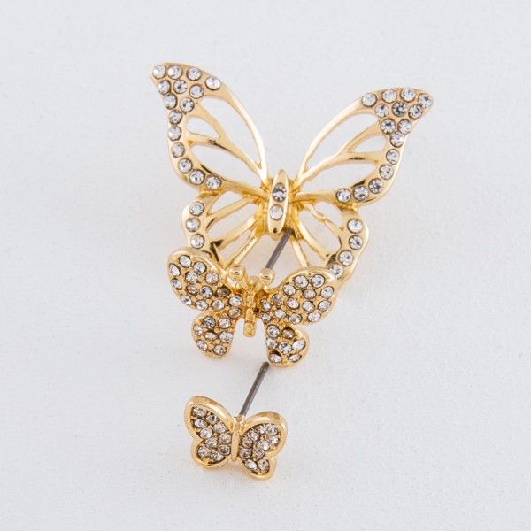 Gold rhinestone butterfly stud earrings.

- Approximately .75" 