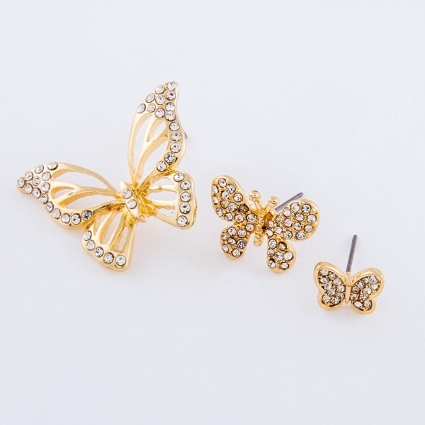 Gold rhinestone butterfly dangle earrings with stud post.

- Approximately 1" L