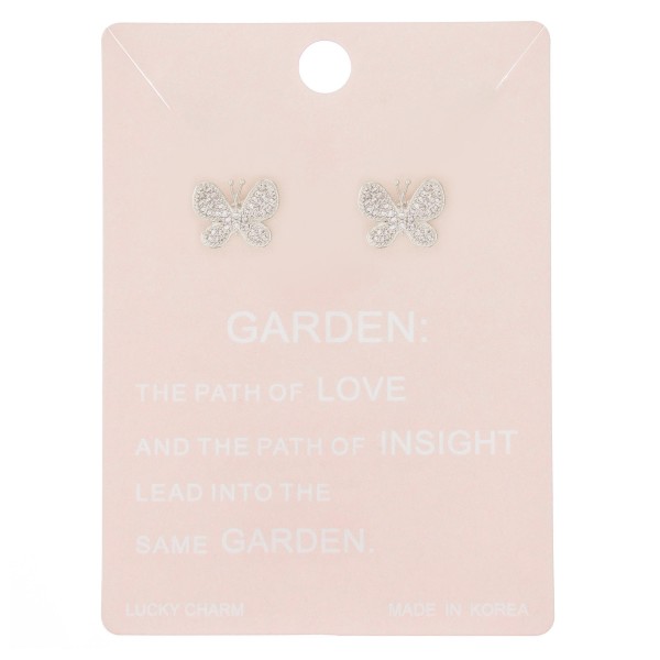 White Gold dipped rhinestone butterfly stud earrings.

- Approximately .5" 