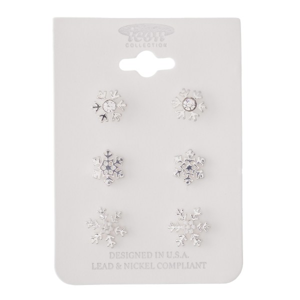 Wholesale christmas Snowflake Earring Set Silver Rhinestone Accents Pair Per Pac
