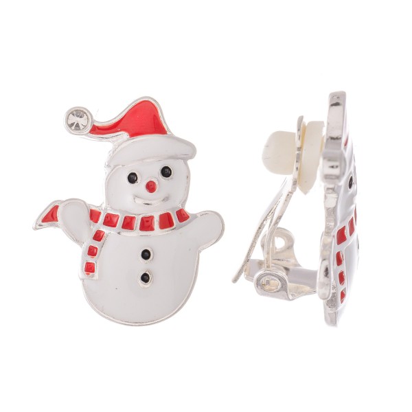 Wholesale enamel Christmas Snowman Clip Earrings Silver