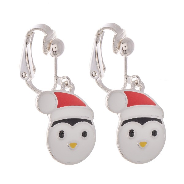 Wholesale enamel Christmas Penguin Clip Earrings Silver