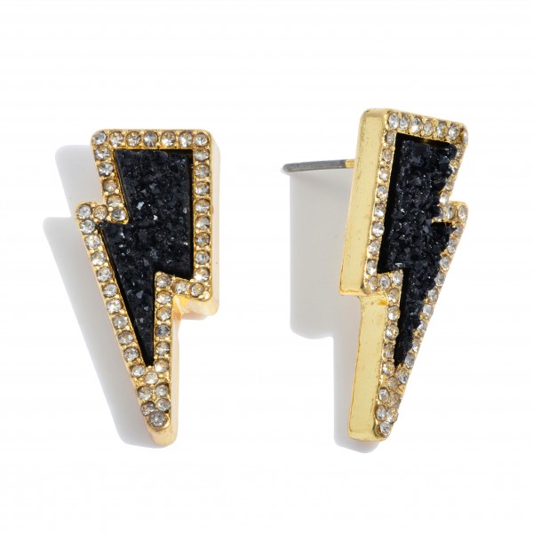 Wholesale druzy Lightning Bolt Stud Earrings Gold Rhinestone Trim Detail