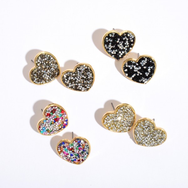 Rhinestone Glitter Heart Stud Earrings in Gold.

- Approximately 1" in Size