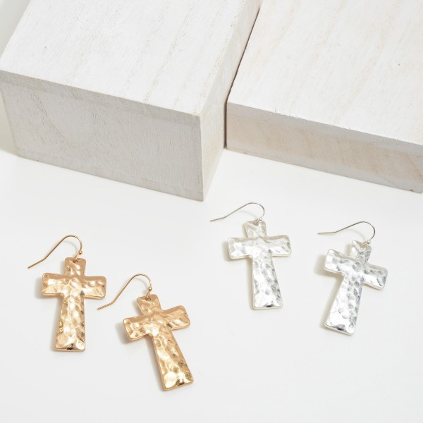 Hammered Cross Drop Earrings.
- Approximately 1.5" in Length