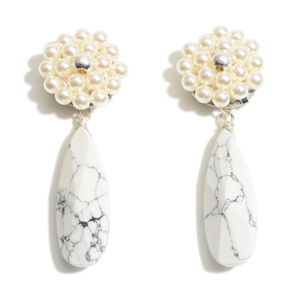 Natural Stone Drop Earrings Featuring Faux Pearl Accents. 

- Approximately 2" in Length 