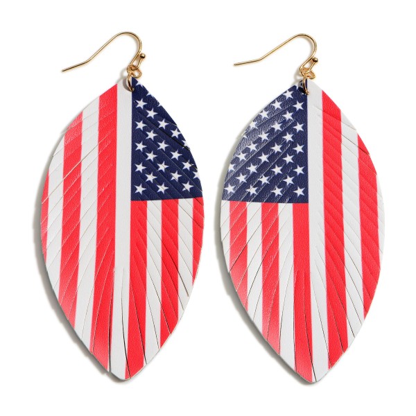 Feathered Leather Earrings Featuring a USA Flag Pattern. 

- Approximately 3" in Length 