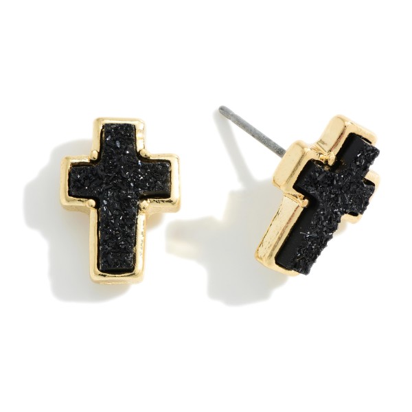 Druzy Cross Stud Earrings. 

- Approximately 1/2" in Length 