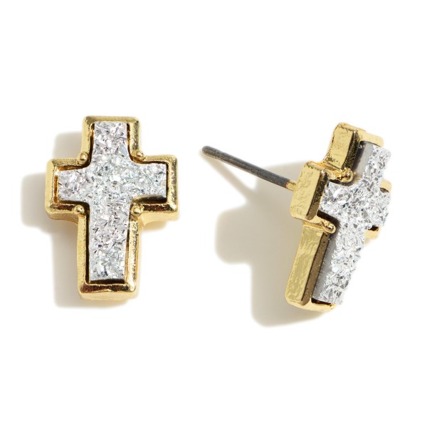 Druzy Cross Stud Earrings. 

- Approximately 1/2" in Length 