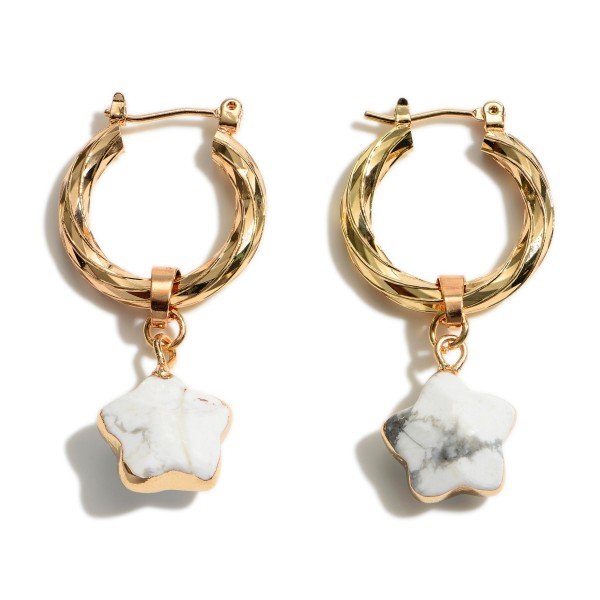 Wholesale gold Hoop Earrings Natural Stone Star Accents Long