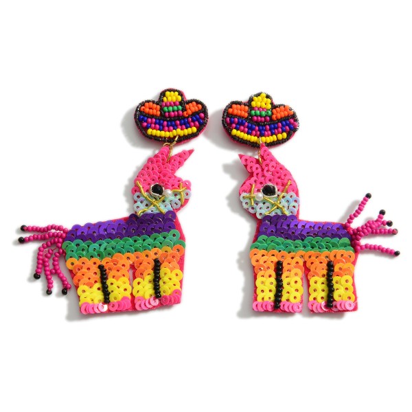 Wholesale beaded Llama Drop Earrings Sombrero Hat Accents Sequin Details Long