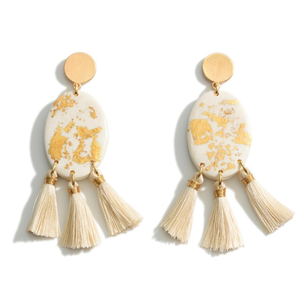 Clay Polymer Earrings Featuring Gold Accents and Fringe Tassels

-Approximately 3" in length