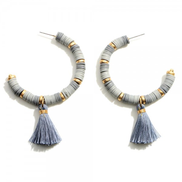 Heishi Bead Hoop Earrings Featuring Gold Accents and Tassels.

- Approximately 2" in Length