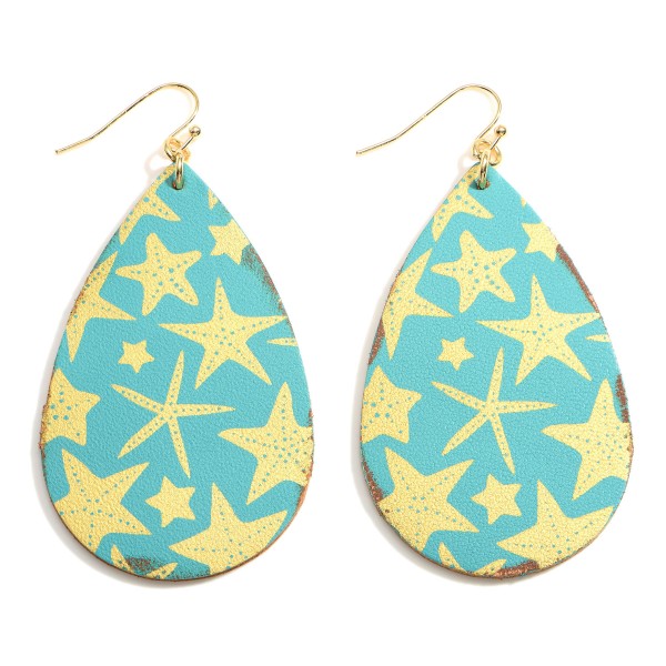 Faux Leather Teardrop Earrings Featuring Starfish Accents. 

- Approximately 3" Long