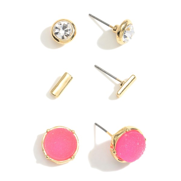 Wholesale set Three Pairs Stud Earrings CZ Studs Long Gold Studs Long Druzy Stud