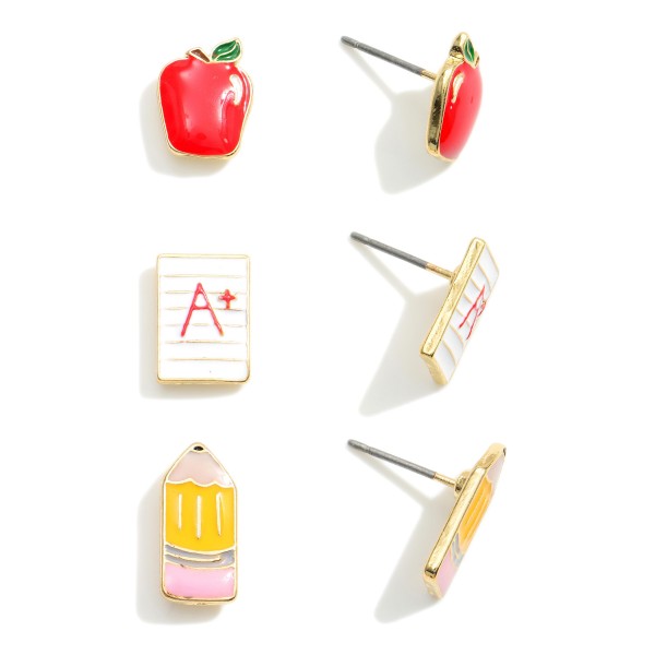 Set of Three Back to School Stud Earrings Featuring Apple, Report Card, and Pencil Studs.

- Studs Approximately .75" in Diameter