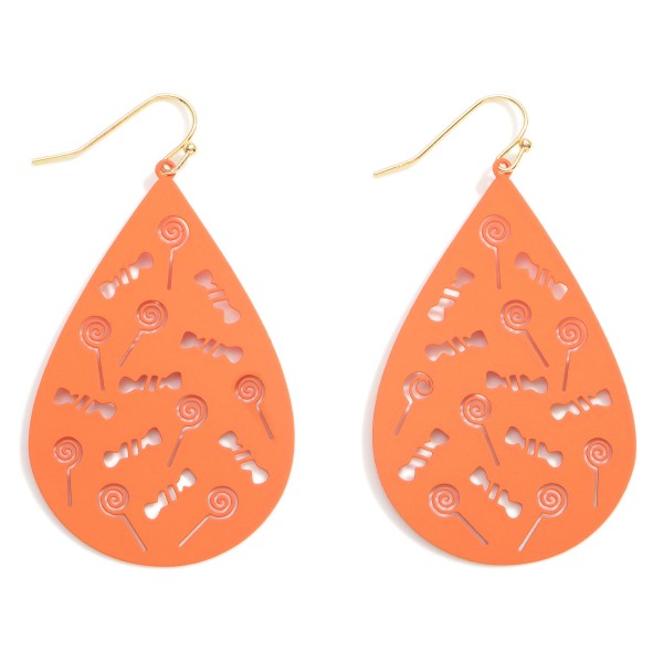 Halloween Metal Teardrop Earrings Featuring Candy Details.

- Approximately 2.5" in Length