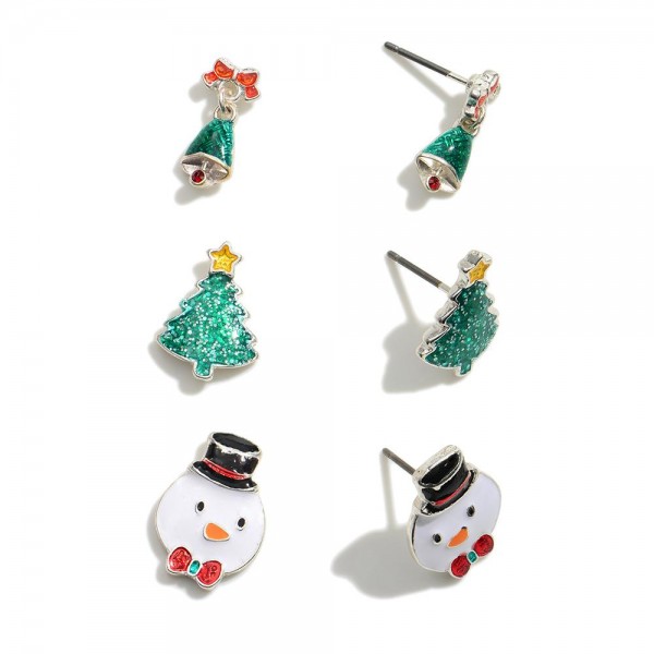 Christmas stud earring set featuring three pairs. 

- Approximately .5" in size.